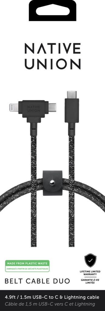Native Union Belt Cable Duo 1,8 m – Câble 2-en-1 USB-C vers USB-C & Lightning